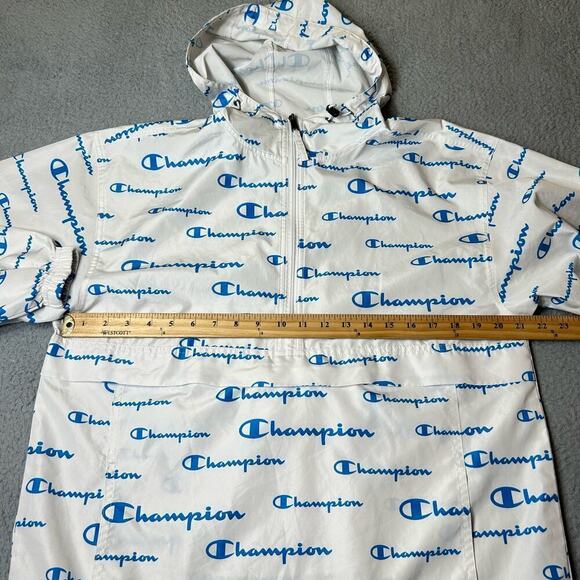 Champion Jacket Mens M White Packable Stadium Script All Over Logo‎ Windbreaker - Picture 4 of 10